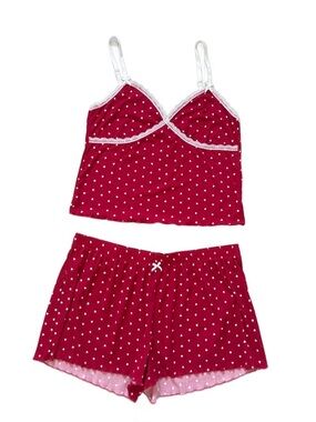 Women’s Red Heart-Print Lace Trim Camisole & Shorts Sleep Set